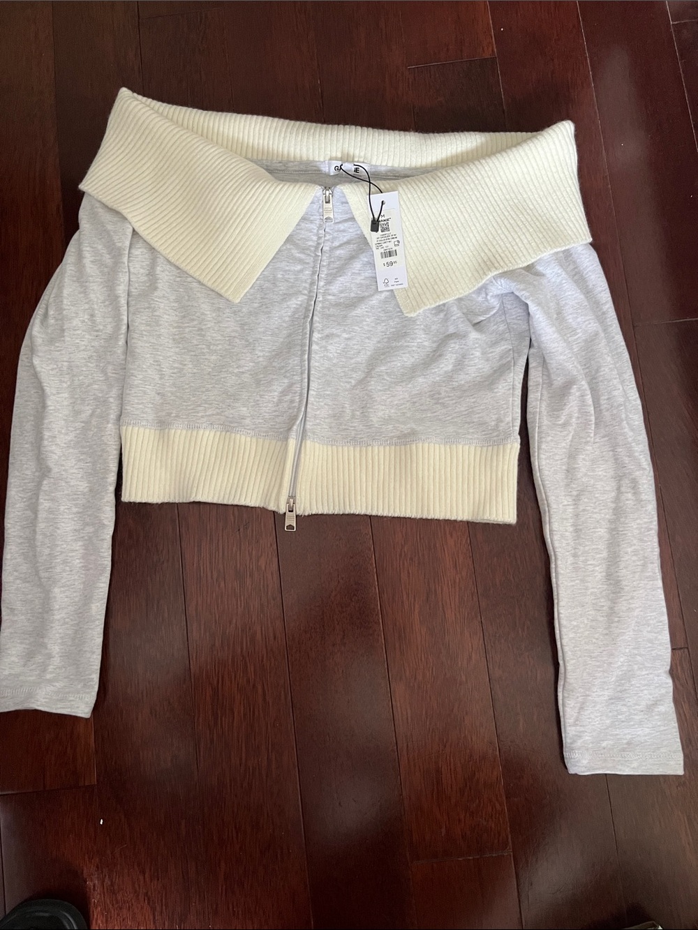 Garage Light Gray & Cream Off-the-Shoulder Zip Crop Sweater